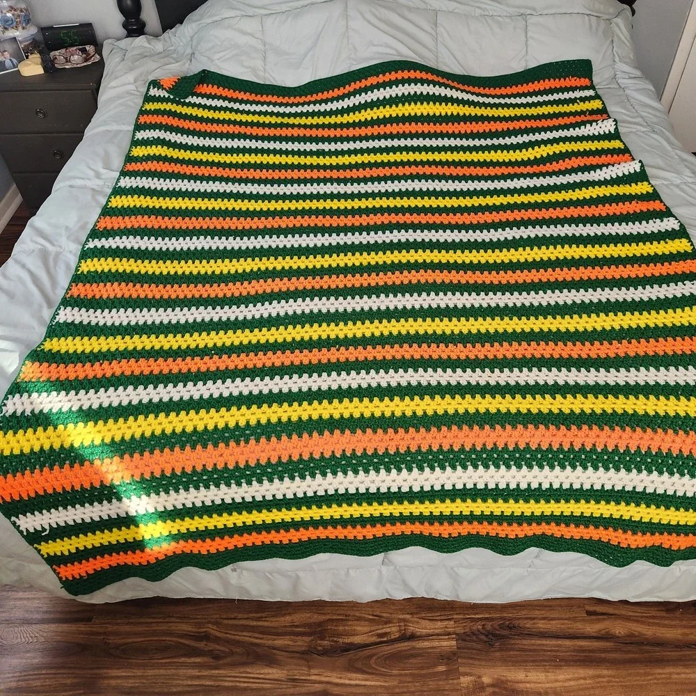 Vintage Retro Handmade Crocheted Afghan Throw Blanket Orange Green Miami FAMU